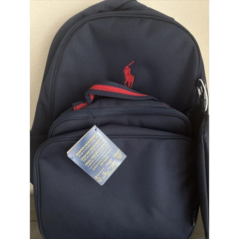 Ralph Lauren Polo Youth Backpack Combo Set Lunchbox Pencil Case Navy Red School